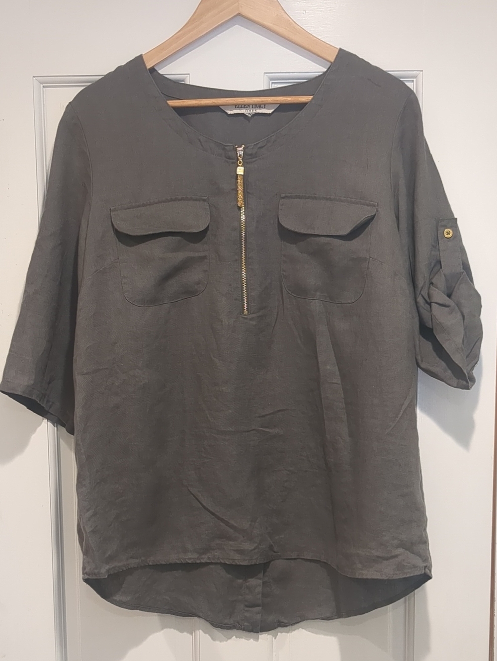 Ellen Tracy Half-Zip Pocket 100% Linen Shirt